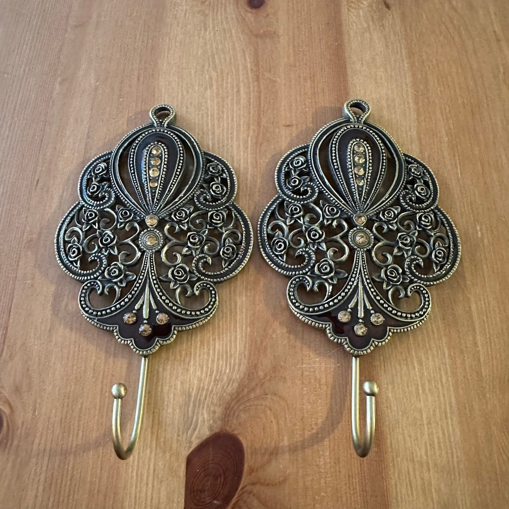 Set of 2 Vintage Style Ornate Filigree Wall Hooks Bronze Rhinestone JM118AB2